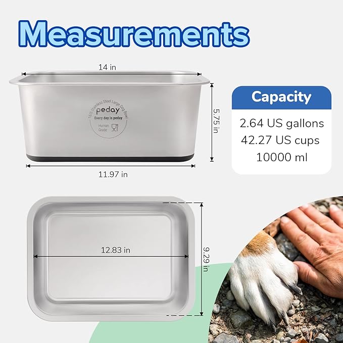 PEDAY 2.64 Gallon Extra Large Dog Water Bowl, 18/8 Human Grade Stainless Steel - Silver Nonslip