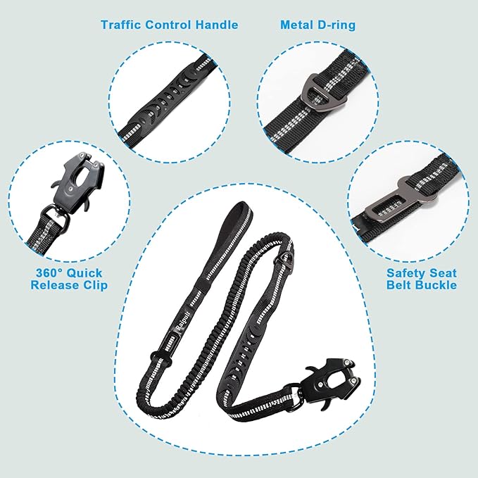 Raipult Tactical Heavy Duty Bungee Dog Leash for Medium Large Dogs that Pull, Military K9 Working Lead, 4-6FT Shock Absorbing Frog Clip Leash with Padded Traffic Handle & Car Seatbelt, Black
