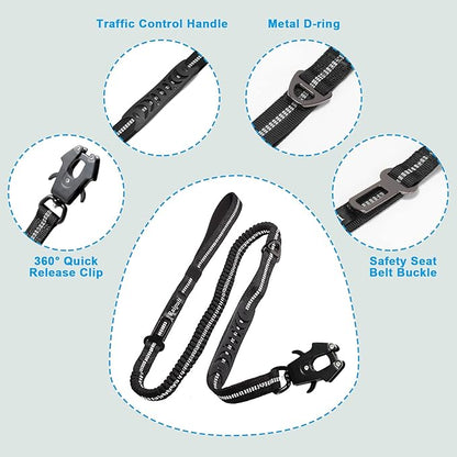 Raipult Tactical Heavy Duty Bungee Dog Leash for Medium Large Dogs that Pull, Military K9 Working Lead, 4-6FT Shock Absorbing Frog Clip Leash with Padded Traffic Handle & Car Seatbelt, Black
