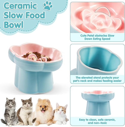 Cat Slow Feeder Bowl Set - 1 Pcs Pastel Series Cat Plate for Dry and Wet Food - Cute Maze Feeder Dish for Healthy Eating- Slow Feeding Bowls Whisker Friendly - Dishwasher Safe(Blue)