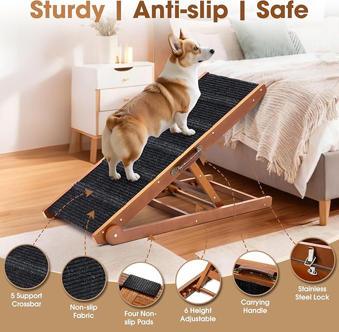 Dog Ramp for Bed - Foldable Small to Large Dog Ramp for Couch - 6 Adjustable Height from 12" to 24" - Stairs with High Traction Mat - Wooden Ramp for Dogs to Get on Bed Couch Car Up to 200LBS（Walnut）