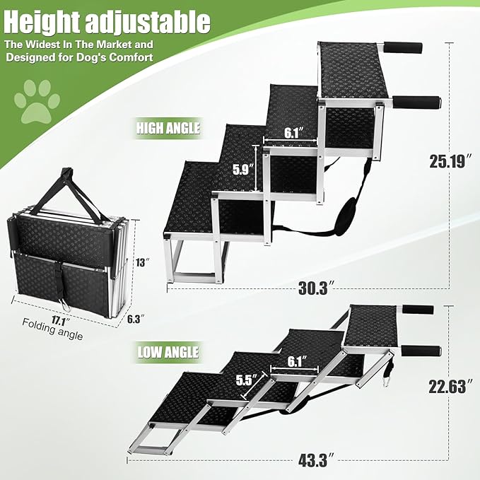 Foldable Dog Stairs with Non-Slip Surface - Portable Aluminum Dog Steps for Trucks, SUVs & Cars - 4 Steps