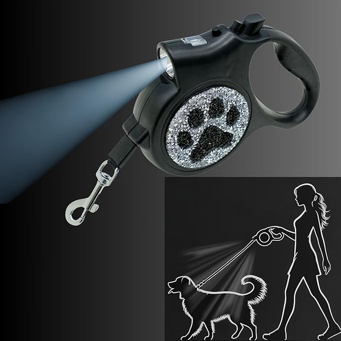 Led Retractable Dog Leash – 16ft Leash with Handcrafted Sparkle Detail Tangle-Free One-Hand Brake Soft Grip Handle for Small & Medium Dogs Up to 77lbs (DL-BK)