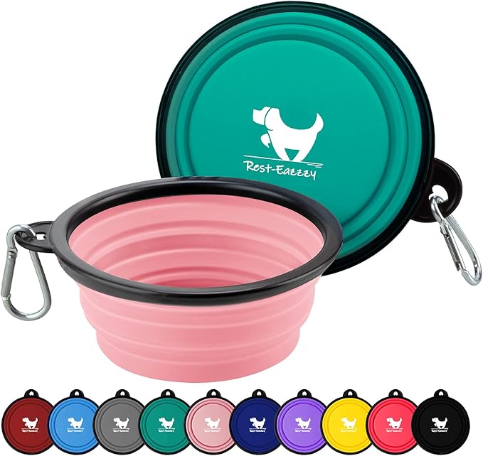 Collapsible Dog Bowls for Travel, 2-Pack Dog Portable Water Bowl for Dogs Cats Pet Foldable Feeding Watering Dish for Traveling Camping with Carabiners, BPA Free (Green&Pink, Small (Pack of 2))