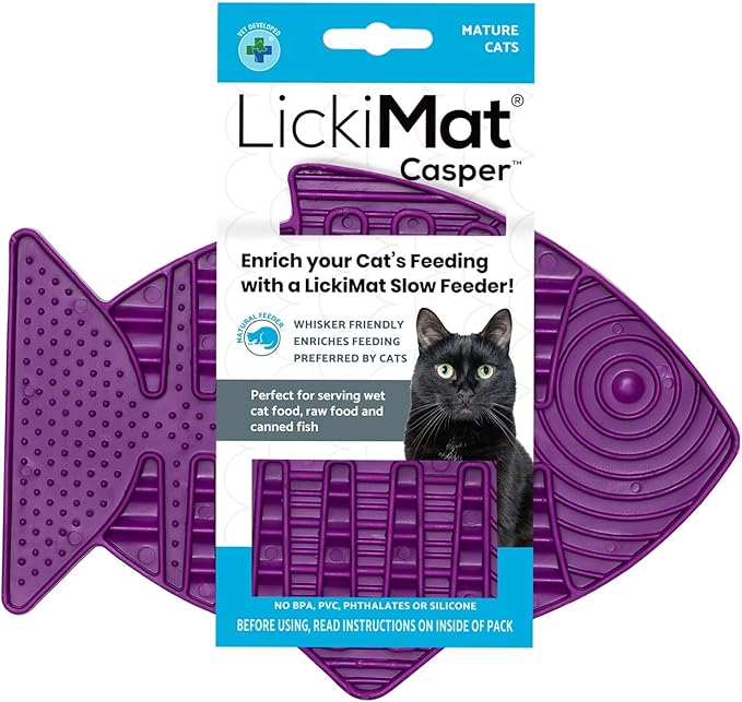 LickiMat Casper, Fish-Shaped Cat Slow Feeders Lick Mat, Boredom Anxiety Reducer; Perfect for Food, Treats, Yogurt, or Peanut Butter. Fun Alternative to a Slow Feed Cat Bowl or Dish, Purple