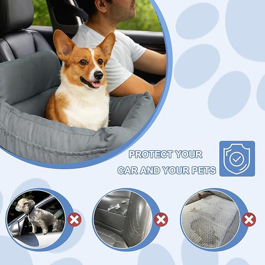 Dog Car Seat for Small Dogs, Pet Booster Seat with Clip-On Safety Leash and Storage Pockets, Washable Travel Dog Car Bed for Puppy (Gray Green)