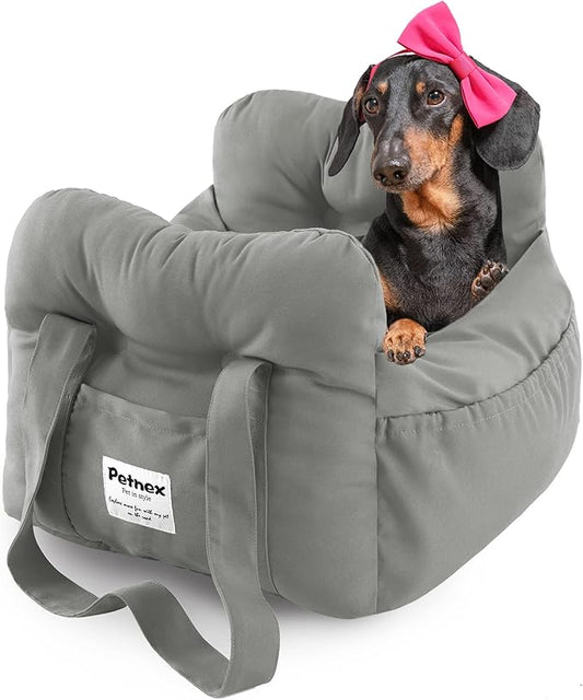Dog Car Seat for Small Dogs, Portable Puppy Car Seat of Easy Installation, Fashionable Pet Carrier Bag with Large Pockets, Machine Washable Dog Booster Seat (Grey)