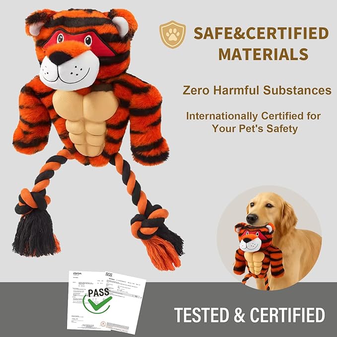 Durable Rope & Plush Dog Toy for Aggressive Chewers – Muscle Tiger Squeaky Tug Toy for Medium & Large Dogs, Interactive Chew & Play