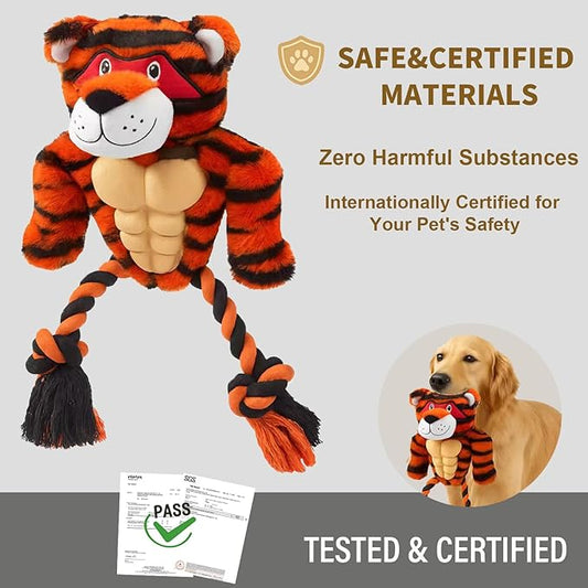 Durable Rope & Plush Dog Toy for Aggressive Chewers – Muscle Tiger Squeaky Tug Toy for Medium & Large Dogs, Interactive Chew & Play