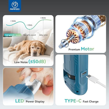 PAPIFFEED Pet Nail Grinder with Nail Clipper Kit, 6 Speed Adjustable Dog Nail Trimmer with LED Light, Rechargeable Pet Nail File with Dust Proof & Type-C Charging (Blue Set)