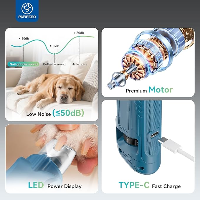 PAPIFFEED 6 Speed Pet Nail Grinder with Dual LED Lights, Rechargeable Dog Nail Trimmer with Dust Proof Cover, Type-C Charging Powerful Torque Pet Nail Clipper for Small Medium Large Dogs Cats(Blue)