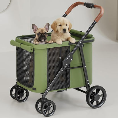 Dog Stroller for Large & Medium Dogs, Pet Stroller for 2 Small Dogs Up to 80 Lbs, Extra Large Heavy Duty, Folding & Breathable, All-Terrain Wheels, Military Green
