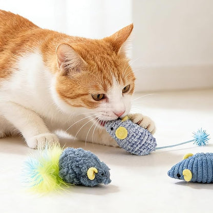 Andiker 3PCS Cat Mouse Toys, Colorful Catnip Toys for Cats with Rattle Box Ribbon Feather Interactive Cat Toys for Indoor Cats to Chew Bite Teeth Cleaning (Blue)