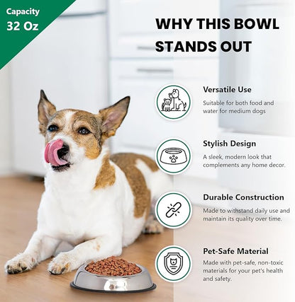 Iconic Pet 4 Cup/32 Oz Heavy Weight Non-Skid Stainless Steel High Back Pet Food/Water Bowls with Removable Anti Skid Rubber Ring - Dog/Cat Feeding Bowl in Unique Design, Dishwasher Safe