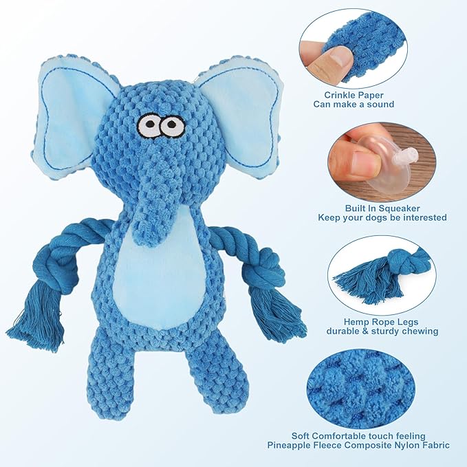 Dog Toys, Dog Squeaker Toys with Crinkle Paper, Stuffed Animal Dog Plush Chewing Toy, Cotton Rope Interactive Toys for Puppy, Small, Middle Dogs (Blue Elephant)