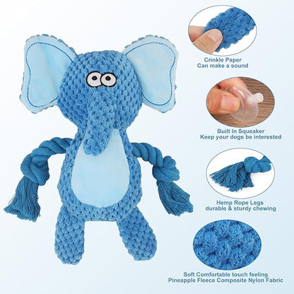 Dog Toys, Dog Squeaker Toys with Crinkle Paper, Stuffed Animal Dog Plush Chewing Toy, Cotton Rope Interactive Toys for Puppy, Small, Middle Dogs (Blue Elephant)