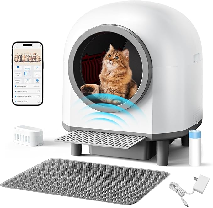 Automatic Self Cleaning Litter Box for Multiple Cats 90L Large Capacity, Smart Automatic Cat Litter Box with App Control, Health Monitoring, Integrated Safety Sensors, Odor Removal, Mat (White)