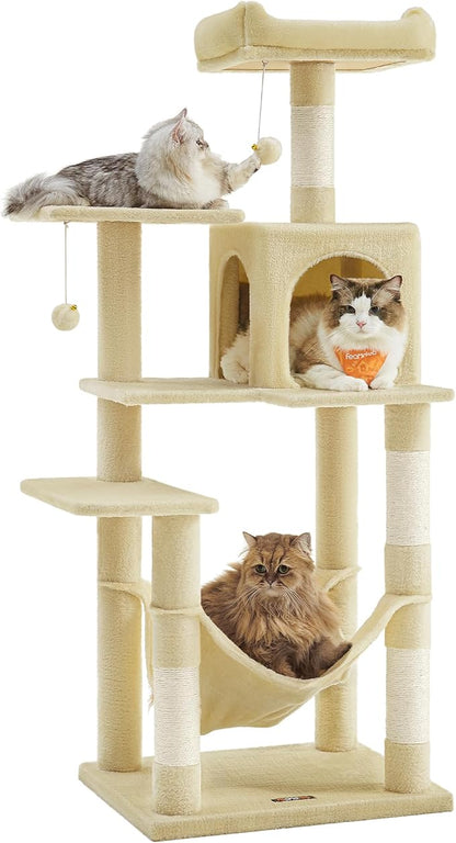 Feandrea Cat Tree, 55.1-Inch Cat Tower, Plush Multi-Level Condo with 4 Scratching Posts, 2 Perches, Hammock, Cave, Beige UPCT161M01