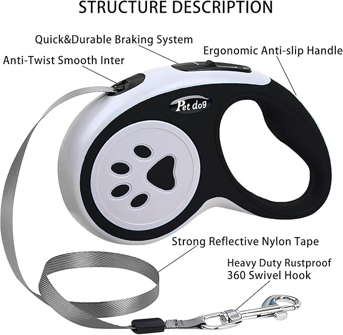 Retractable Dog Leash, VELIGOOD 5M/16FT Extendable Dog Lead with Strong Nylon Tape Tangle-Free One-Handed Brake, Pause, Lock for Small Medium Dogs (Black)