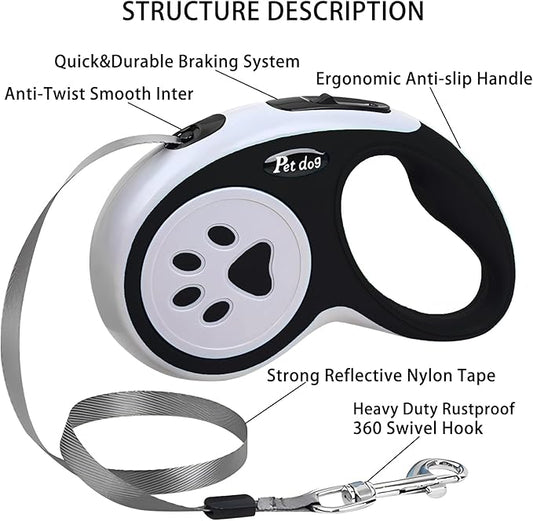 Retractable Dog Leash, VELIGOOD 5M/16FT Extendable Dog Lead with Strong Nylon Tape Tangle-Free One-Handed Brake, Pause, Lock for Small Medium Dogs (Black)