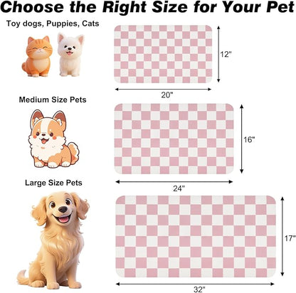 Checkered Dog Food Mat, Absorbent Leak-Proof Pet Feeding Mat, Quick Dry Cat Food Mat for Messy Drinkers 12" x 20" Pink
