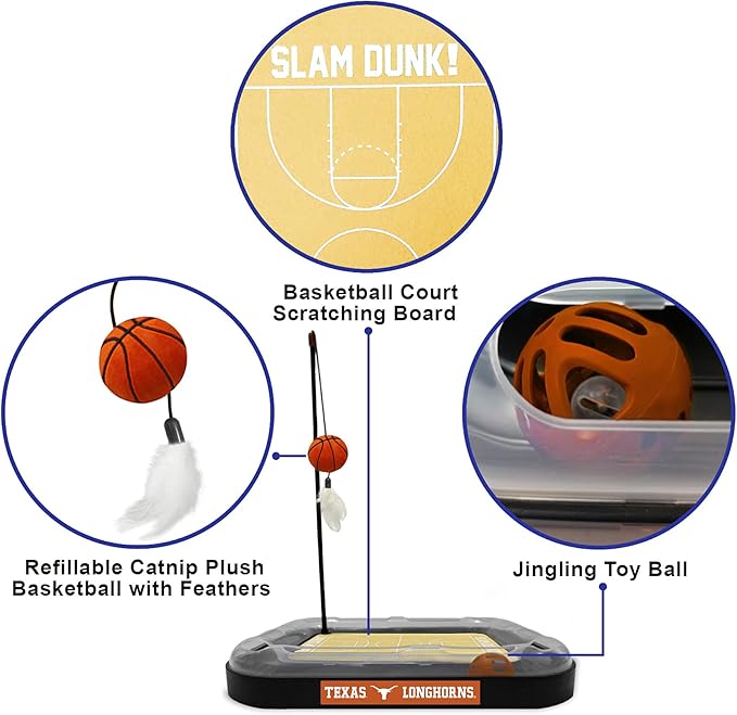 CATS SCRATCHER NCAA Texas Longhorns Basketball Court CAT Scratcher Toy with Catnip Filled Plush Basketball Toy & Feather Cat Toy Hanging, with Jingle Bell Interactive Ball Cat Chasing 5-in-1 Kitty Toy