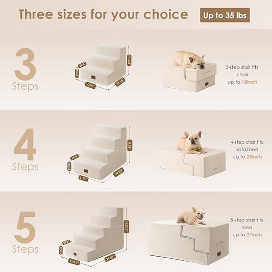 EHEYCIGA Dog Stairs for Small Dogs 13.5" H, 3-Step Dog Steps for Couch Sofa and Chair, Pet Steps for Medium Cats, Non-Slip Balanced Pet Ramp Indoor, Beige
