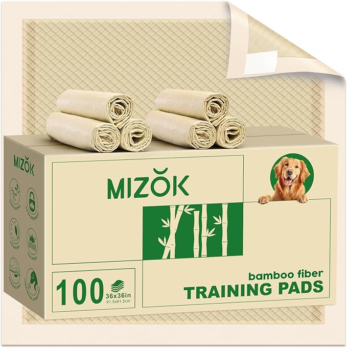 MIZOK 100 Counts Pee Pads for Dogs 36"x36", Bamboo Dog Pads Extra Large Super Absorbent & Leak-Proof, 4-Corner Adhesive Tabs, Wee Wee Pads for Dogs Superior Odor Protection, Jumbo