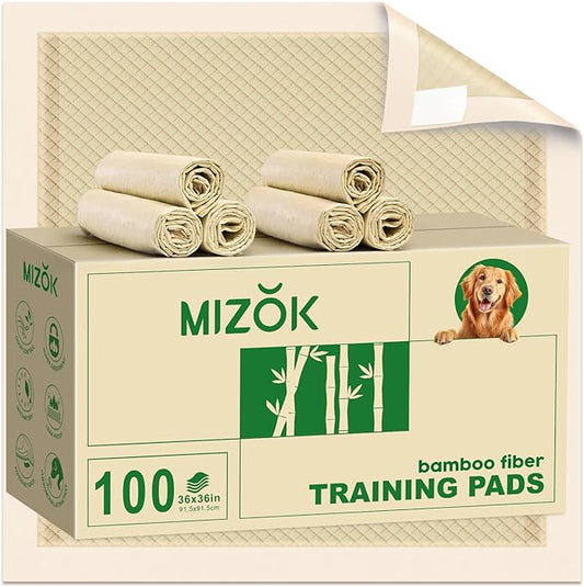 MIZOK 100 Counts Pee Pads for Dogs 36"x36", Bamboo Dog Pads Extra Large Super Absorbent & Leak-Proof, 4-Corner Adhesive Tabs, Wee Wee Pads for Dogs Superior Odor Protection, Jumbo