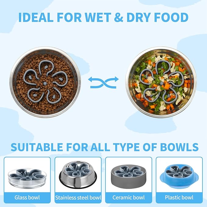 Slow Feeder Dog Bowls Insert, Bestalk Soft Silicone Slow Eating Dog Bowl Insert with Suction Cups for Small, Medium and Large Dogs(Grey M)