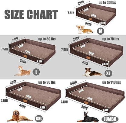 Patas Lague Orthopedic XL Dog Bed Large Sized Dog 42''X28'', Waterproof L Bolster Big Large Pet Sofa Beds with Removable Washable Cover, Soft Comfortable Pet Couch Crate Mat with Nonskid Bottom, Brown