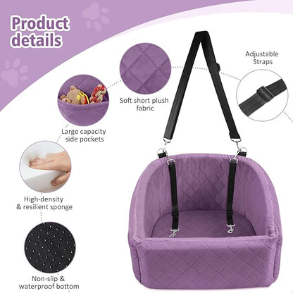 NEEZUKAR Dog Car Seat for Small Medium Dogs,Detachable Washable Dog Booster Seat Under 30lbs, Pet Car Seats Travel Bed with Storage Pockets and Safety Belt (Purple)