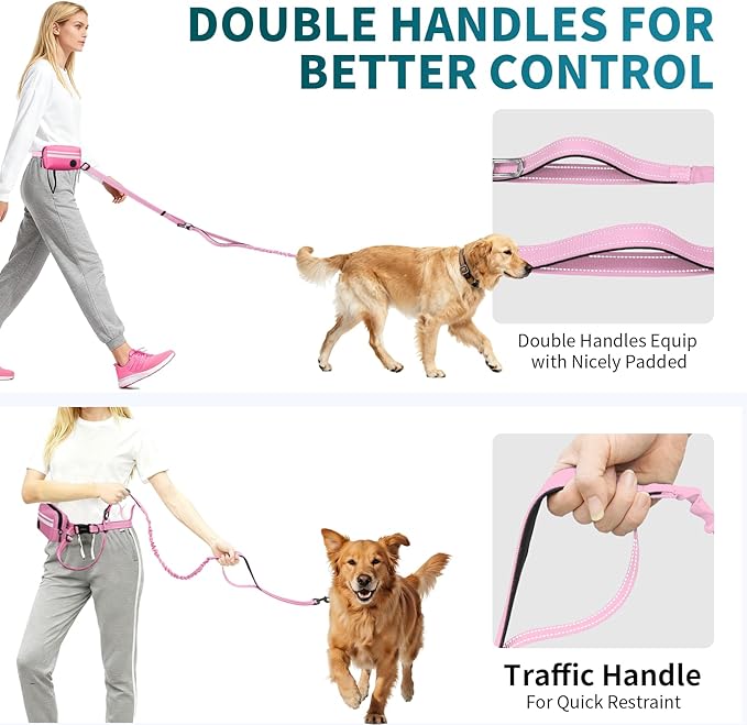 Hands Free Dog Leash with Removable Zipper Pouch, Dual Padded Handles and Durable Bungee for Walking, Jogging and Running Your Dog (Large, 35-140 lbs-Pink