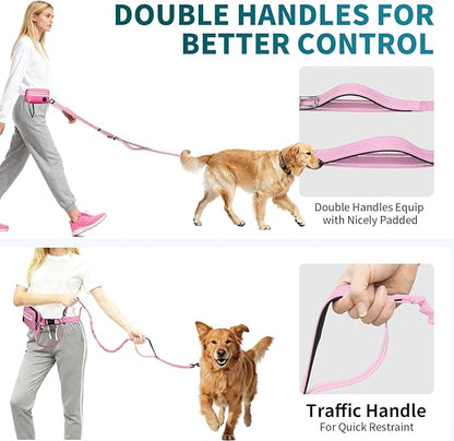 Hands Free Dog Leash with Removable Zipper Pouch, Dual Padded Handles and Durable Bungee for Walking, Jogging and Running Your Dog (Large, 35-140 lbs-Pink