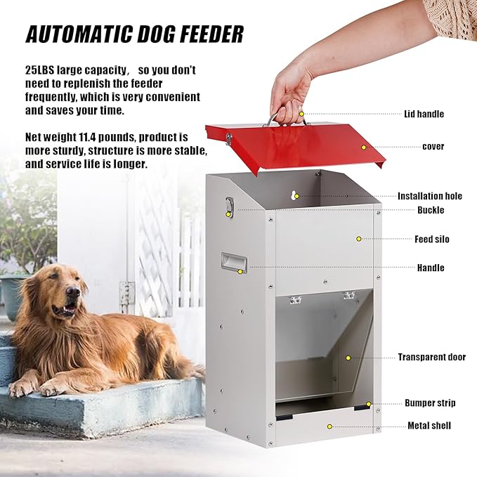 Galvanized Automatic Dog Feeder Large Breed Dog Food Dispenser for Large Dogs, 25lbs Outdoor Pets Feeder Gravity Food Feeder