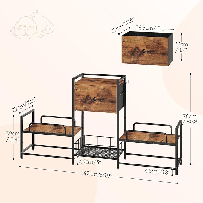 HOOBRO Raised Dog Bowl Stand with Storage, Lifted Feeding Station, Elevated Bowl Holder, 4 Adjustable Heights, for Large Medium Small Dogs, with 1 Drawer and 2 Hooks, Rustic Brown BF23PO03G1