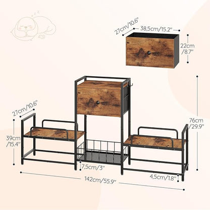HOOBRO Raised Dog Bowl Stand with Storage, Lifted Feeding Station, Elevated Bowl Holder, 4 Adjustable Heights, for Large Medium Small Dogs, with 1 Drawer and 2 Hooks, Rustic Brown BF23PO03G1
