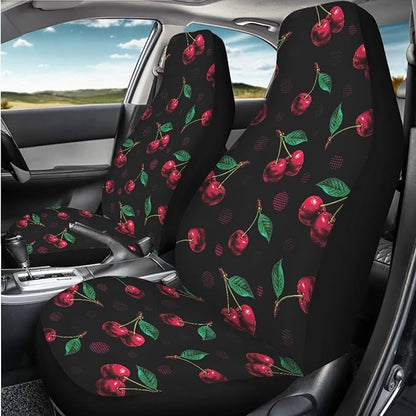 Cherry Print Car Seat Covers Full Set of 2, Cloth Seat for Auto Front Seats, Black Bucket Seat Covers for Cars Washable and Breathable Car Accessories for Sedan Truck SUV
