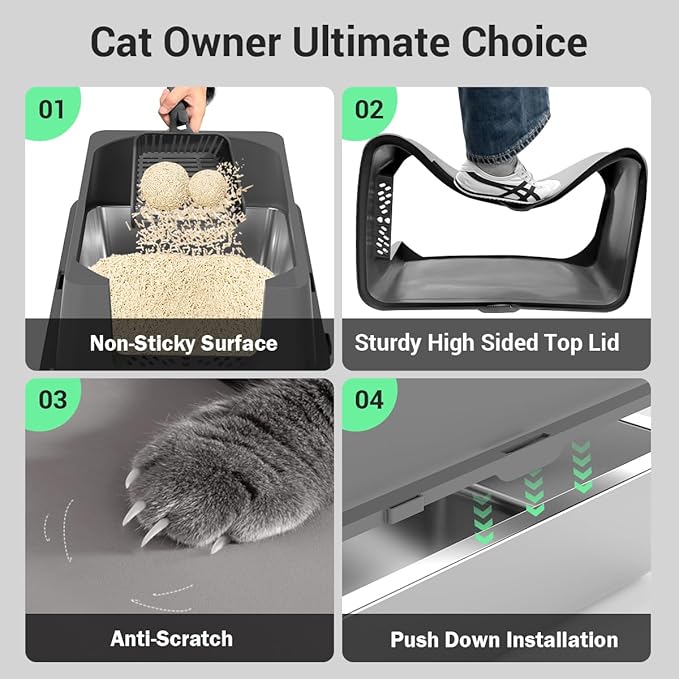 Extra Large Stainless Steel Cat Litter Box - 23.5" x 15.5" x 12" - High Sided Walls for Big Cats, Anti Urine Leakage, Odorless and Easy Cleaning - Foot Pad, Mat, Scoops & Deodorizer - XL Litter Box