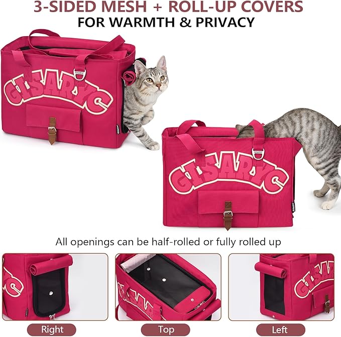 Dog Purse Carrier for Small Dogs, Cats and Puppies – Soft-Sided Foldable Pet Travel Bag with Multi Pockets, 3-Sided Mesh & Rollable Cover for Nervous Cats, Fits Pets up to 15 lbs (Berry Red)
