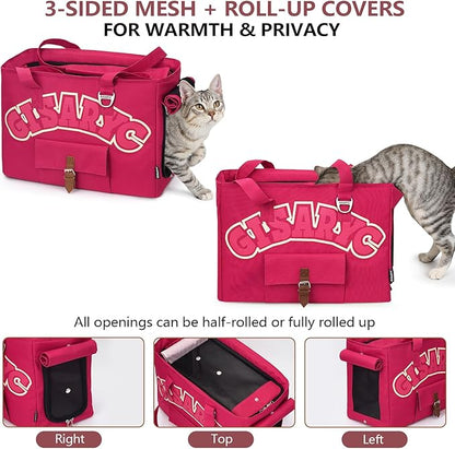 Dog Purse Carrier for Small Dogs, Cats and Puppies – Soft-Sided Foldable Pet Travel Bag with Multi Pockets, 3-Sided Mesh & Rollable Cover for Nervous Cats, Fits Pets up to 15 lbs (Berry Red)