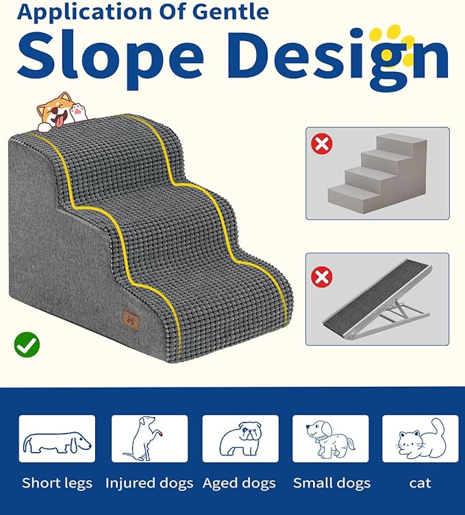 Dog Stairs for Small Dogs, 15.7" H Dog Steps for Bed 35D Strong Support Foam Stairs for High Bed or Couch Sofa Non-Slip Balanced Pet Steps Indoor, Grey