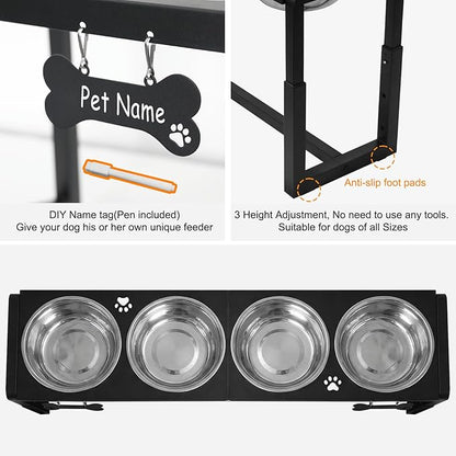 Metal Elevated Dog Bowls for Medium/Large Breed, 3 Adjustable Height(8.8"/11.5"/14") Raised Dog Bowls Stand with Four 58oz Stainless Steel Bowls, for Neck & Joint Protection