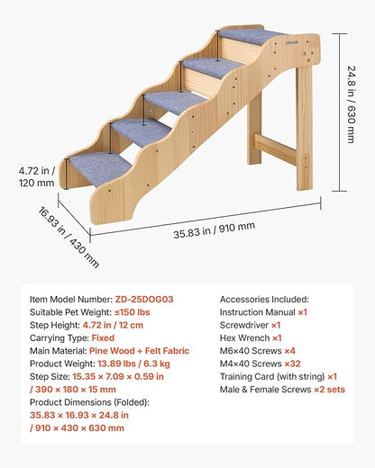 VEVOR Wood Pet Stairs, 5-Step Dog Stairs for High Beds, Sofa & Cars, 150lbs Load Capacity, Non-Slip Surface, Stable Cat & Dog Step Ladder for Small Medium Large Older Pet Puppy Essentials