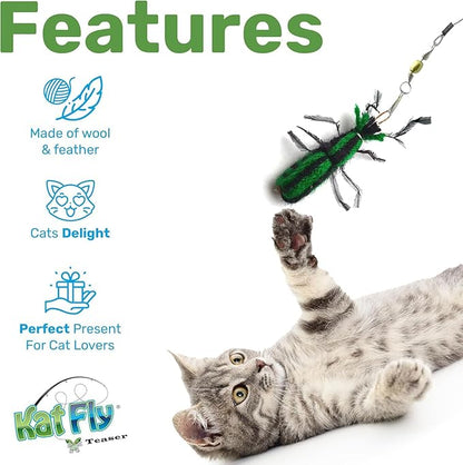 2 Inch Handmade Cat Toy Teaser Wand Refill Beetle - Green Natural Material Toys, Hunting Instinct Play, Interactive Exercise Attachment Set for Indoor Cats
