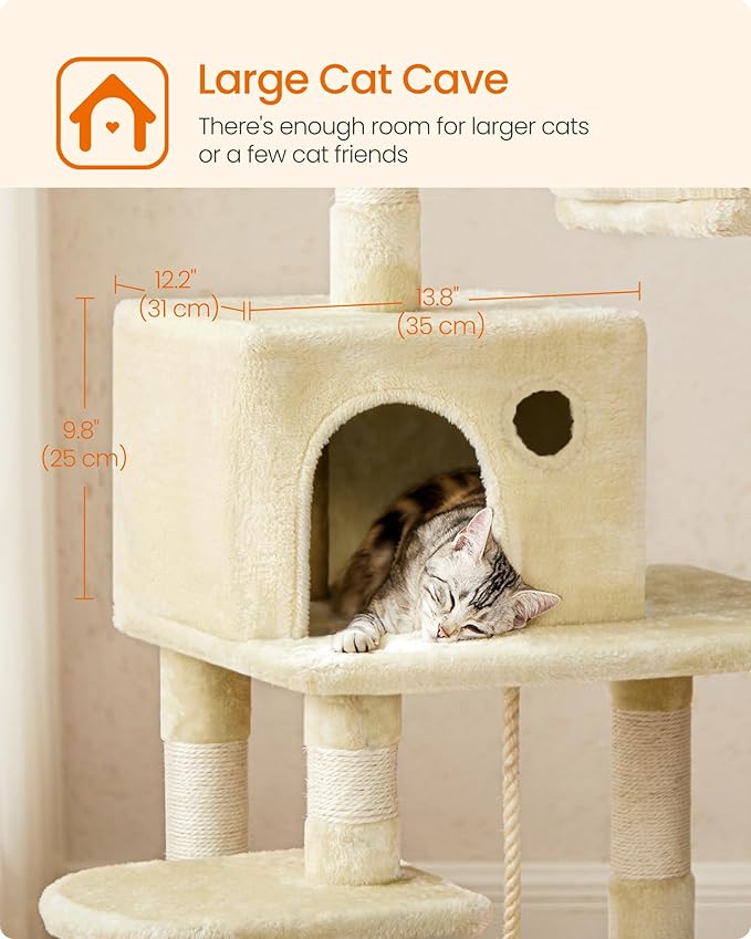 Feandrea Cat Tree, 56.3-Inch Cat Tower, Multi-Level Plush Condo with 11 Scratching Posts, 2 Perches, Hammock, Cave, Beige UPCT15BE