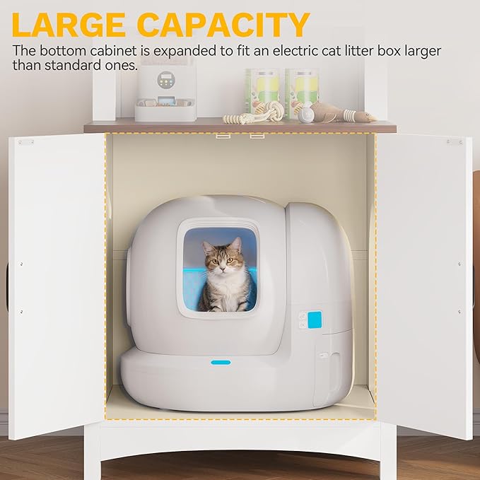 DWVO 70.8in Large Hidden Cat Litter Box Furniture with Shelves, High-Gloss Modern Litters Box Enclosure for Self-Cleaning Litter Boxes, Large Hidden Wooden Cabinet, White