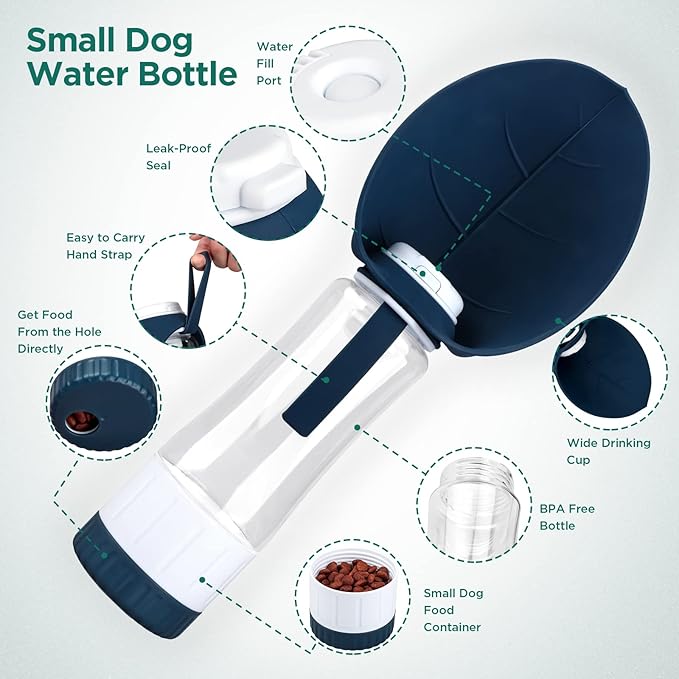 Uppetly Dog Water Bottle, Portable Pet Water Bottle with Food Container and Drinking Feeder, Leak Proof, BPA-Free, Foldable Puppy Water Cup Dispenser for Outdoor Walking, Travel, Hiking 20OZ