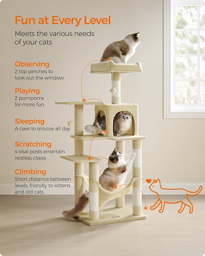 Feandrea Cat Tree, 55.1-Inch Cat Tower, Plush Multi-Level Condo with 4 Scratching Posts, 2 Perches, Hammock, Cave, Beige UPCT161M01