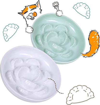 2 Pcs Cat Slow Feeder Bowl Set - Unbreakable Melamine Cat Food Plates for Slow Eating - Cute Kitten Plates for Wet & Dry Food- Whisker Friendly & Dishwasher Safe & Non Slip Design (White + Green)